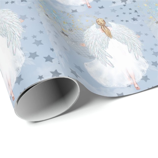 Papel De Presente Anjo Pintado e Estrelas Molhando Papel (Ponta do rolo)
