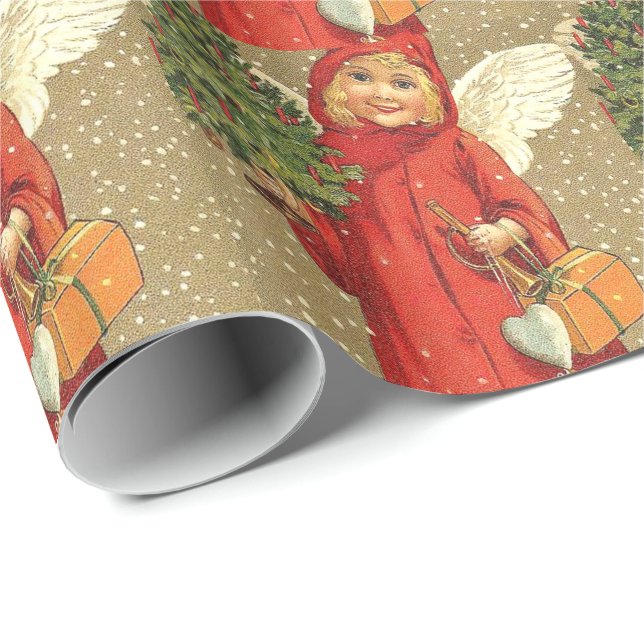 Papel De Presente Anjo Querubim Árvore de Natal Neve (Ponta do rolo)
