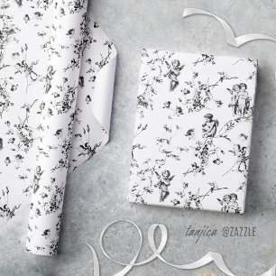 Papel De Presente Anjos Cupido Vintage Floral Preto Branco Toile