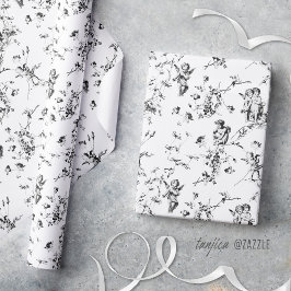 Papel De Presente Anjos Cupido Vintage Floral Toile Preto Branco