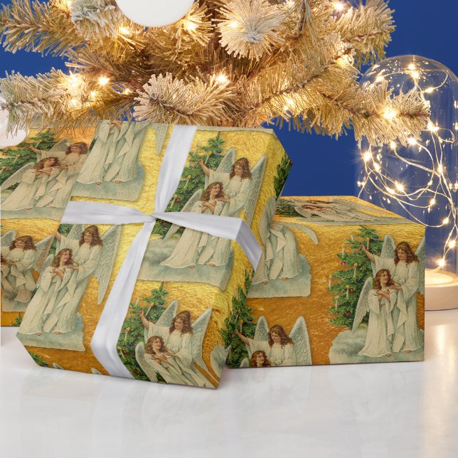 Papel De Presente Anjos de Natal Antigos Ouro Vitoriano Luxo (Feriados)