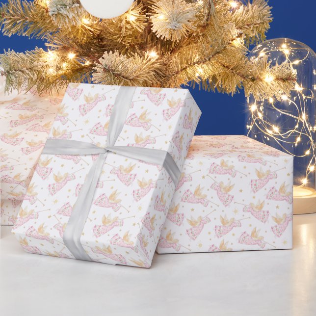 Papel De Presente Anjos de Natal Rosa Pastel (Feriados)