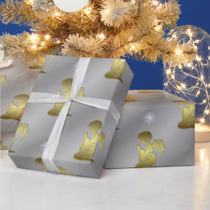 Papel De Presente Anjos dourados do Natal na prata