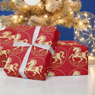 Papel De Presente Ano Novo Chinês Cavalo de Fogo Dourado Vermelho