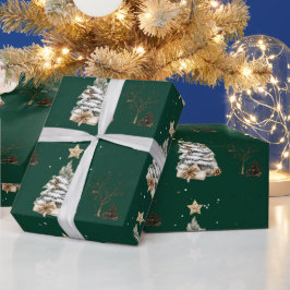 Papel De Presente Ano Novo Verde Elegante Árvore Geada