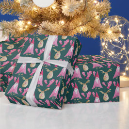 Papel De Presente Anões de Natal e Rena Com Luvas Rosa