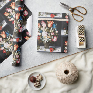 Papel De Presente Antigo Bosschaert Tulipas e Rosas Holandeses Arte