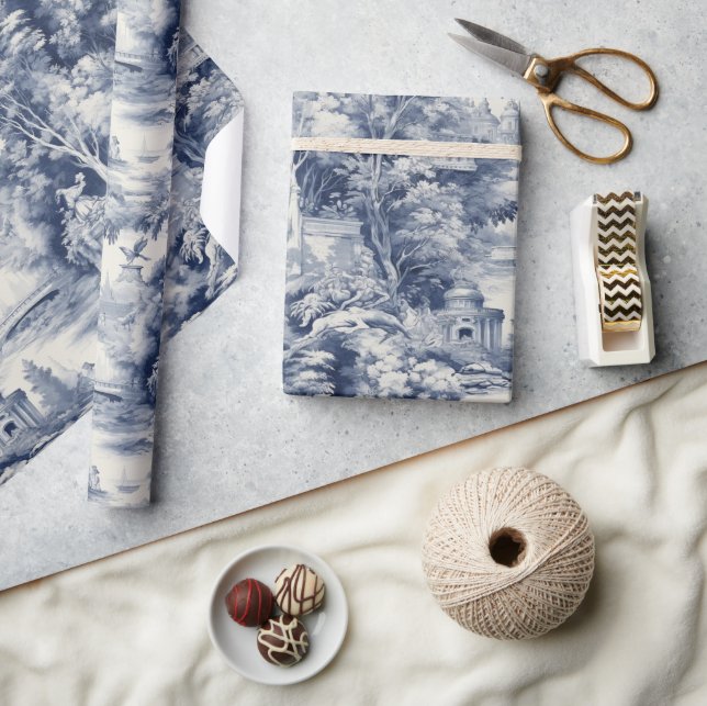 Papel De Presente Antigo Castelo Modern Blue Toile de Jouy (Artesanato)