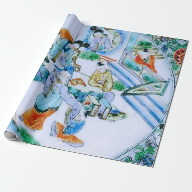 Papel De Presente Antiguidade Chinesa Azul Chinoiserie Floral Decoup (Desenrolado)