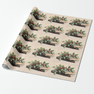 Papel De Presente ANTIQUE BOOKS AND HOLLYBERRIES  Christmas Pattern
