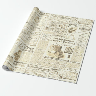 Papel De Presente Antique Vintage Beige Anúncios Franceses Ephemera