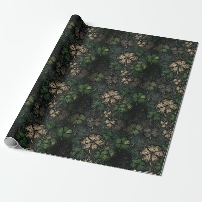 Papel De Presente Antiqued Clover Damask Texture St. Patrick's Day (Desenrolado)