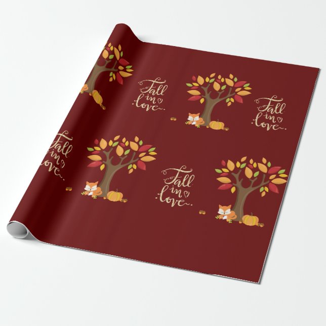 Papel De Presente Apaixonado Design de outono Fox Pumpkin Tree (Desenrolado)