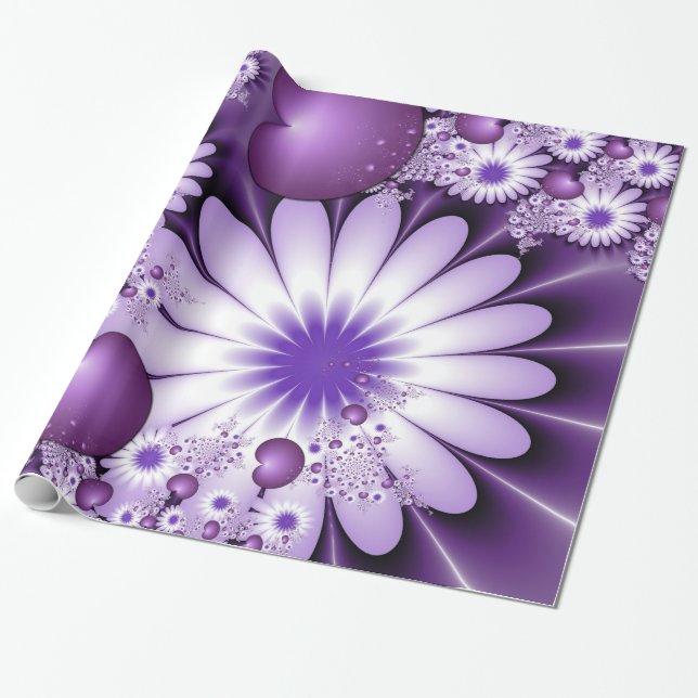 Papel De Presente Apaixonando-se Flores Abstratas & Corações Fractal (Desenrolado)