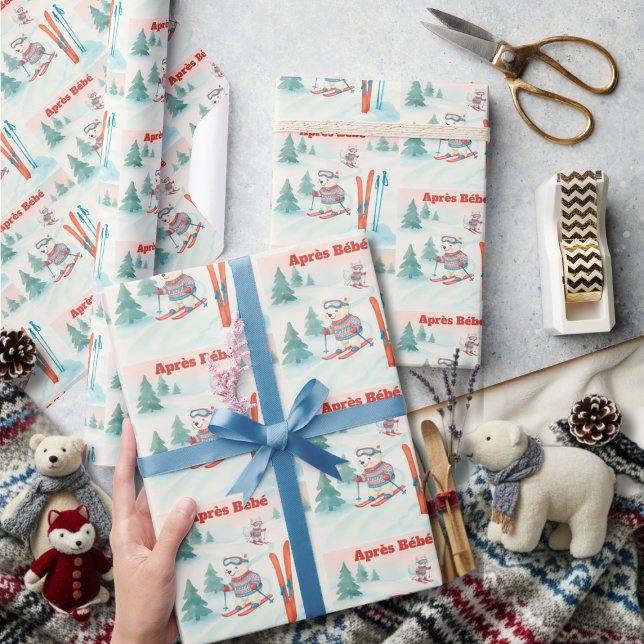 Papel De Presente Après Bébé  Polar Bear & Arctic Fox Skiing (Après Bébé Polar Bear & Arctic Fox Skiing Wrapping Paper)