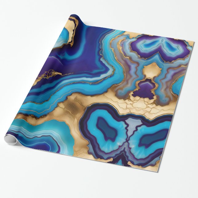 Papel De Presente Aqua Dourada Azul Veias Púrpuras Agate (Desenrolado)