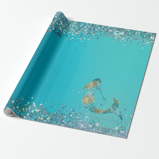 Papel De Presente Aqua Dourada Glitter Sparkle Mermaid      (Desenrolado)