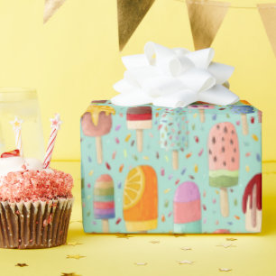 Papel De Presente Aqua Rainbow Popsicles & Sprinkles Gift Wrap Roll