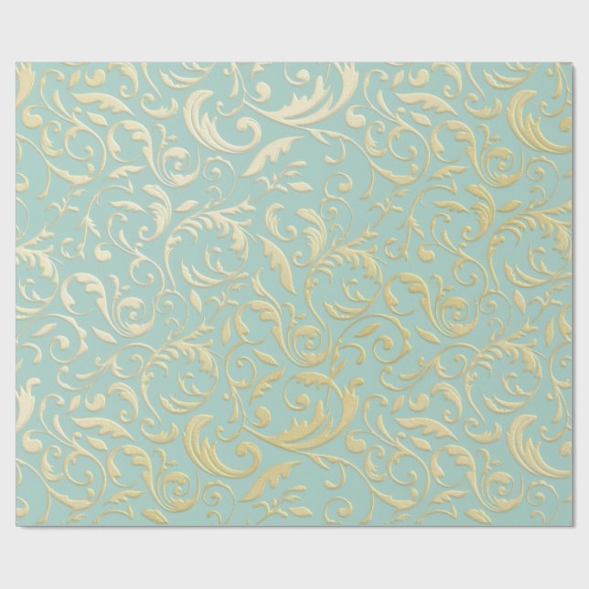 Papel De Presente Aqua & Teal Xmas Wrapping Paper with Gold Accents (Aberto)