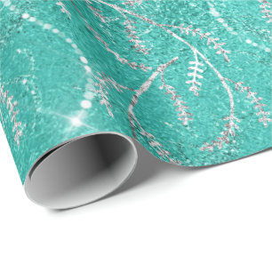 Papel De Presente Aqua Tiffany Mint Laurel Floral Silver Diamantes