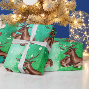 Papel De Presente Aquarela Animais Veados Floresta Natal Inverno