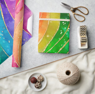 Papel De Presente Aquarela Arco-íris e Tinta Alcoólica com Purpurina