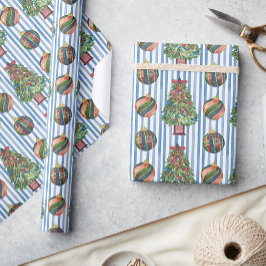 Papel De Presente Aquarela Árvore Clássica e Enfeites Natal
