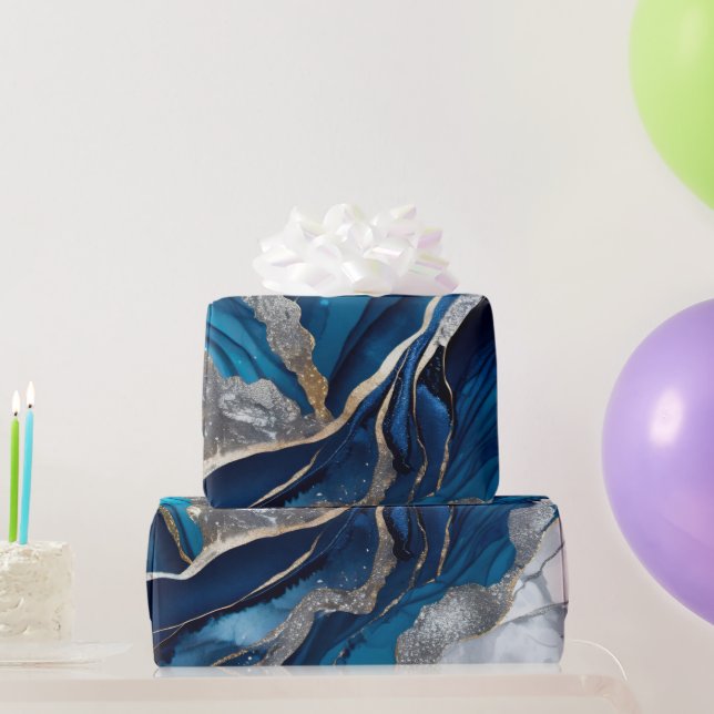 Papel De Presente Aquarela Azul Profundo, Prata e Ouro Alcohol Ink (Presentes para festas)