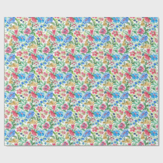 Papel De Presente Aquarela Azul Rosa Flores Jardim Colorido em Flor
