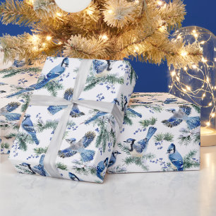 Papel De Presente Aquarela Azul Toutinegra Natal Pinheiro Nevado