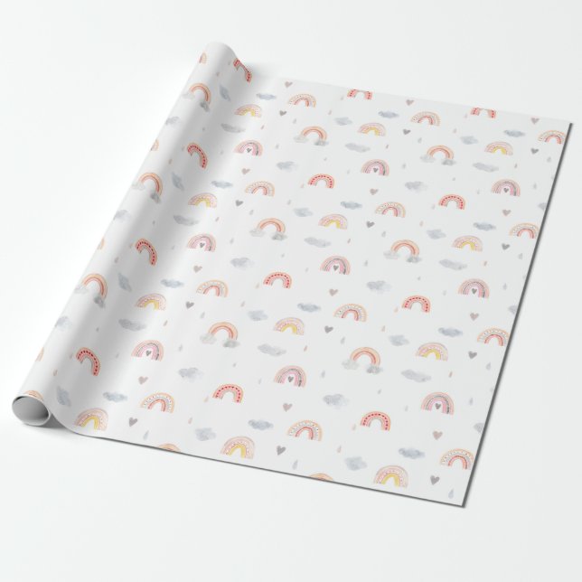 Papel De Presente Aquarela Boho Arco-íris Rosa e Nuvens (Desenrolado)