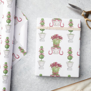 Papel De Presente Aquarela Borgonha Amaryllis e Natal Topiário