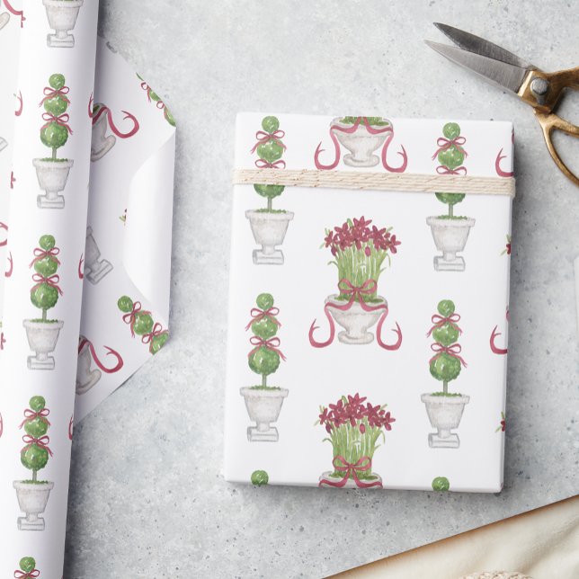 Papel De Presente Aquarela Borgonha Amaryllis e Natal Topiário (Criador carregado)