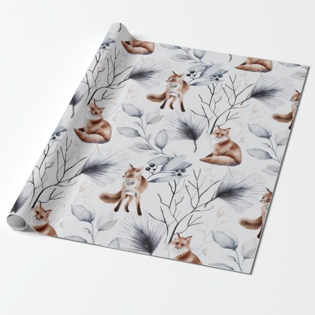 Papel De Presente Aquarela Botânica da Raposa de Inverno (Desenrolado)