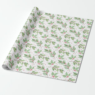 Papel De Presente Aquarela Botânica de Natal de Azevinho e Frutas