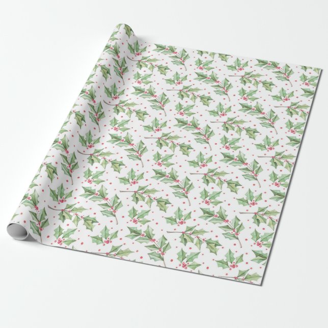 Papel De Presente Aquarela Botânica de Natal de Azevinho e Frutas (Desenrolado)