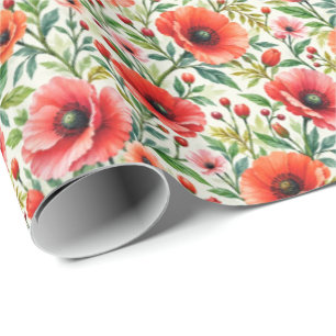 Papel De Presente Aquarela Botânica Papoulas Corais