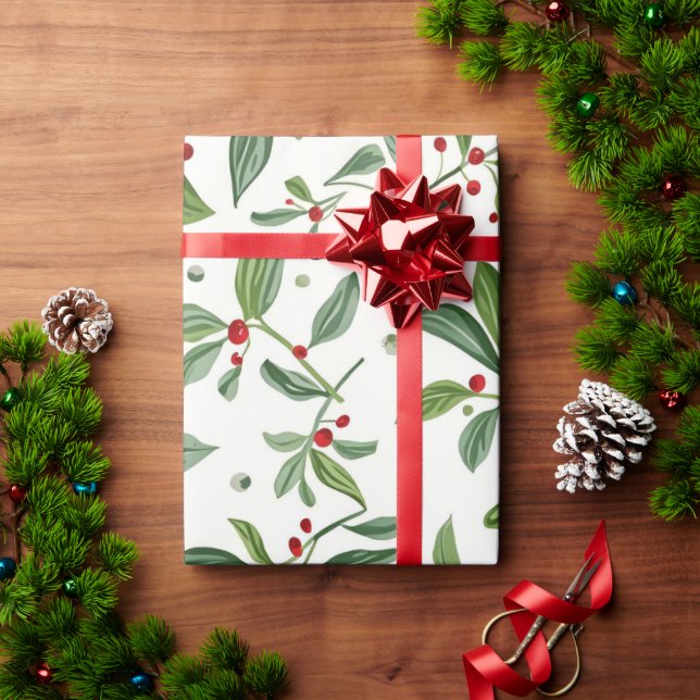 Papel De Presente Aquarela Branco de Fruta Vermelha de Visco Alegre (Presente de Natal)