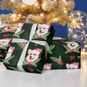 Papel De Presente Aquarela Cachorro de Natal, Azevinho, Pinheiro