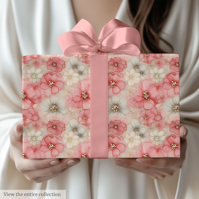 Papel De Presente Aquarela chic tons rosa e floral dourado 50º anive (Chic watercolor blush & gold floral 50th birthday Wrapping Paper)