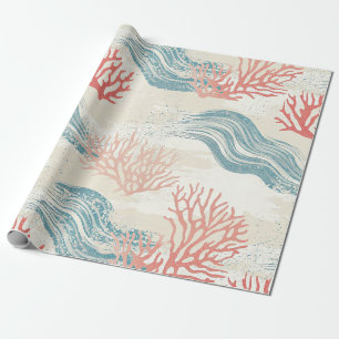 Papel De Presente Aquarela Costeira Coral & Ondas de Conchas (6)