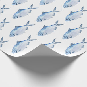 Papel De Presente Aquarela Costeira de Peixe Azul