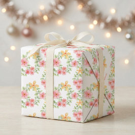 Papel De Presente Aquarela de Flor Silvestre Laranja Rosa Verde