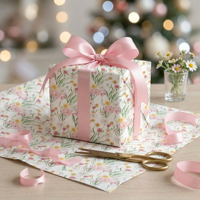 Papel De Presente Aquarela de Flor Silvestre Rosa (Pink Wildflower Watercolor Wrapping Paper)