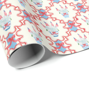 Papel De Presente Aquarela de Hortênsias e Bandeiras Americanas do 4