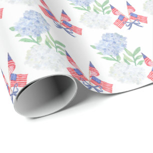 Papel De Presente Aquarela de Hortênsias e Bandeiras Americanas do 4