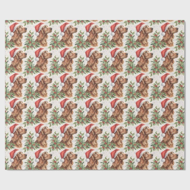 Papel De Presente Aquarela de Natal do Setter Irlandês com Azevinho (Aberto)