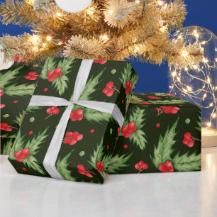 Papel De Presente Aquarela de Natal Folha de Azevinho com Frutas e F