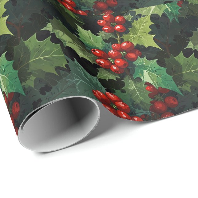 Papel De Presente Aquarela de Natal folhas de bagas de azevinho botâ (Ponta do rolo)