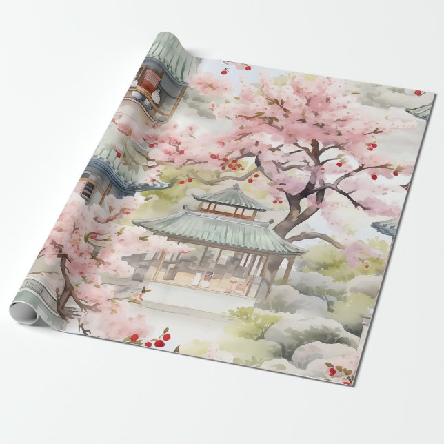 Papel De Presente Aquarela de Pagoda Asiática em meio às flores de c (Desenrolado)